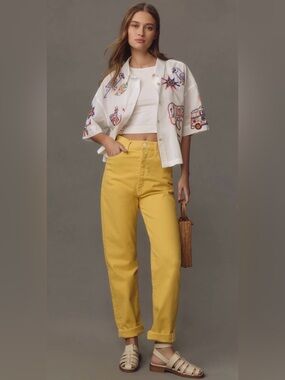 MOTHER The Roomie Crop Embroidered Button Down Blouse